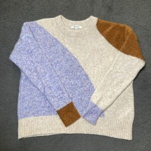 Madewell Colorblock Off-the-Shoulder Sweater in Cream, Blue, and Brown